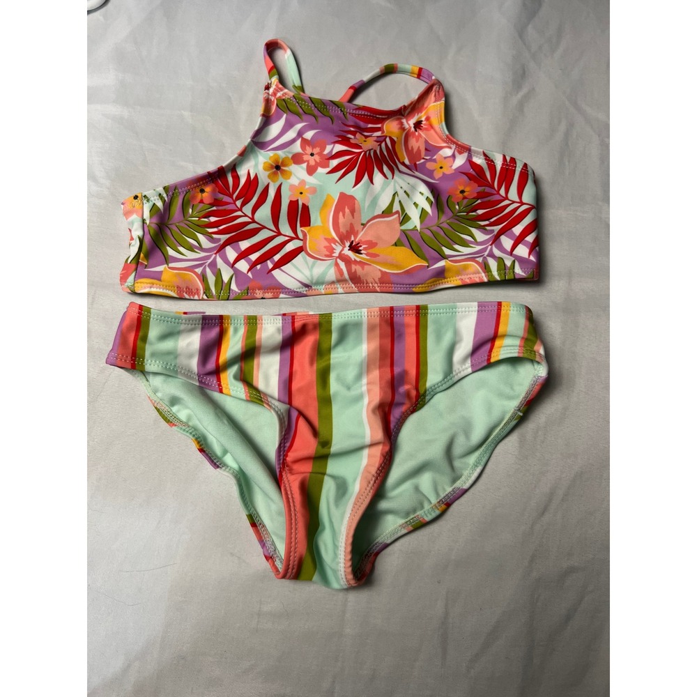 Girls Tropical Floral High Neck Bikini Set Multicolor Striped Two Piece Swimsuit